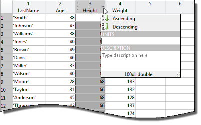 Variables editor, table view, with third column selected for modification of units and description of variables