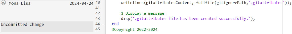 File in the MATLAB editor. Blame View in the left pane of the file showing line by line annotations. First annotation selected with a pop-up showing details about the author, commit date and ID and, commit message.