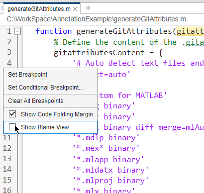File in the MATLAB editor. A context menu in the left gutter of the file with the mouse pointing to Show Blame View option.