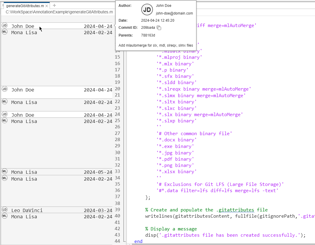 File in the MATLAB editor. Blame View in the left pane of the file showing line by line annotations. First annotation selected with a pop-up showing details about the author, commit date and ID and, commit message.