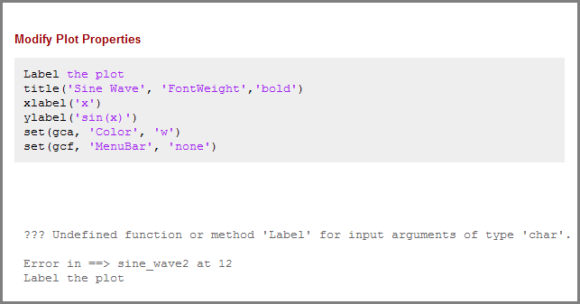 Published document with syntax-highlighted code and the resulting error in gray text