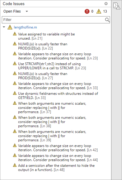 Code Issues panel showing 0 errors and 13 warnings found in the lengthofline.m file. The MATLAB Online desktop right sidebar shows the Code Issues icon.