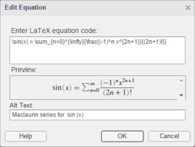 Edit Equation dialog box with LaTeX equation code, its corresponding preview, and a description of the equation in the Alt Text field