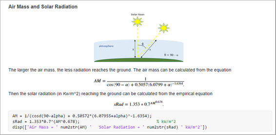 Live script with a heading, image, descriptive text with formatted equations, and code