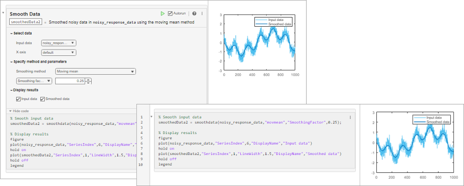 Two views of the Smooth Data task. The first view shows the task with all of its parameters and the generated code visible. The second view shows the task after it has been converted to code. The task parameters are hidden and just the generated code is visible.