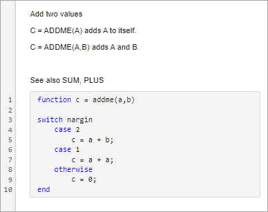 addme live function with help text above the code, including the function's purpose, supported syntaxes, and related functions