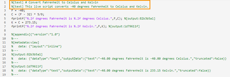 Live script saved using the plain text Live Code file format (.m) open as plain text in the Editor, with the inline markup for the title and first paragraph on lines 1 and 2