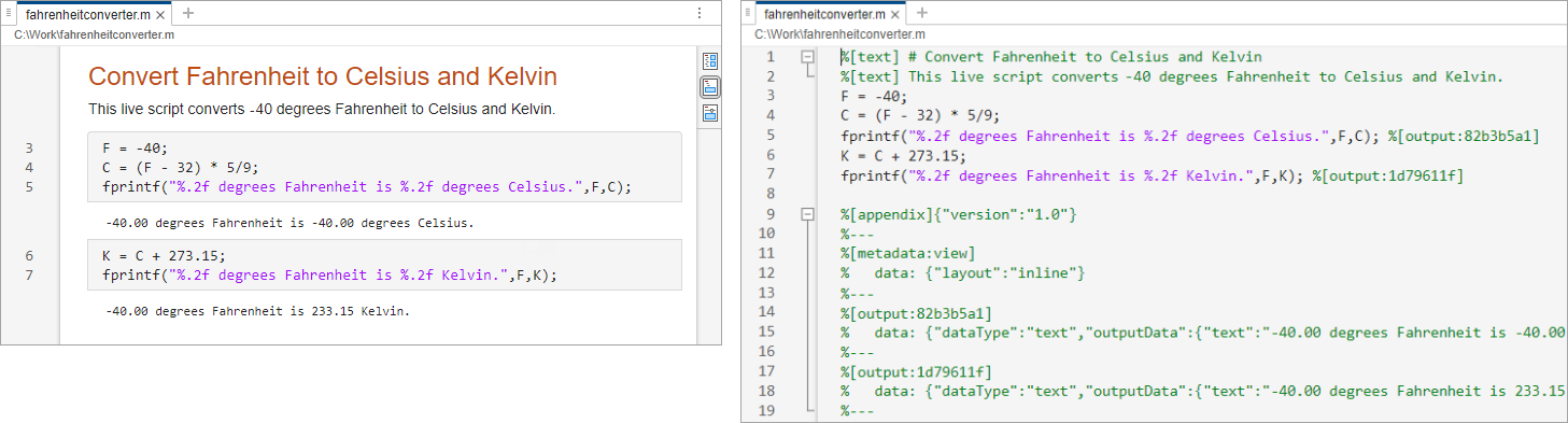 Side-by-side comparison of a plain text Live Code file (.m) open in the Live Editor and in the Editor. In the Live Editor, the file appears with formatted text, code, and output. In the Editor, the file appears as plain text with code and commented markup.