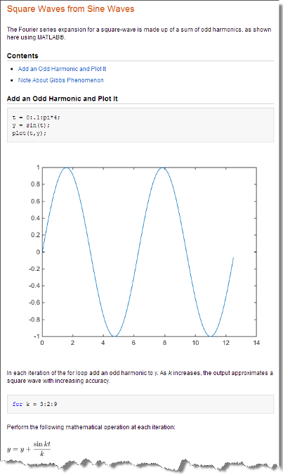 Published document that includes a title, subheadings, and formatted equations, as well as code and the resulting output