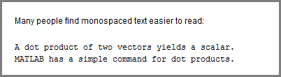Published document with a line of text in the default font followed by two lines of text in monospaced font