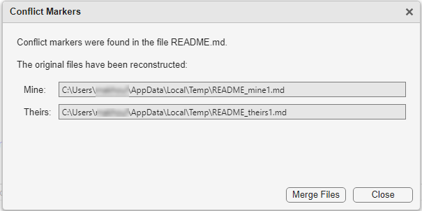 Conflict Markers dialog box showing the path to the reconstructed files and Merge Files and Close buttons