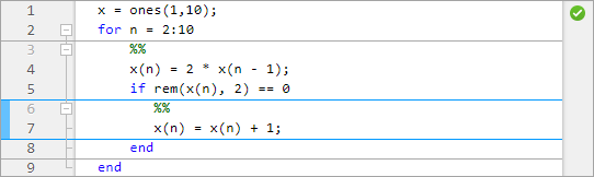 File open in the Editor with the selected section spanning from line six to line eight, and section breaks at line three and nine