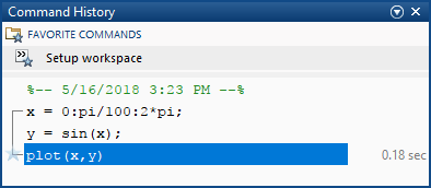 Command History showing a list of previously run commands with the most recent command selected