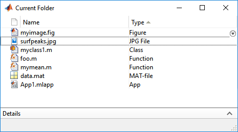 Current Folder browser showing a list of files with a column for the filename and a column for the file type