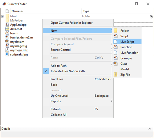 Current Folder browser with the context menu open and the New > Live Script option selected