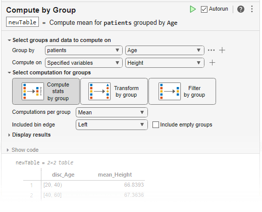 Compute by Group task in the Live Editor