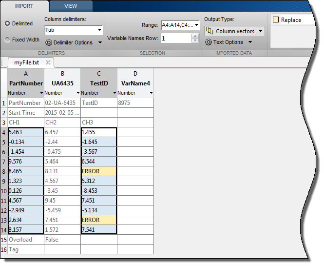 Preview of text data import in the Import Tool. Some data elements are selected, and the Output Type field is set to Column vectors.