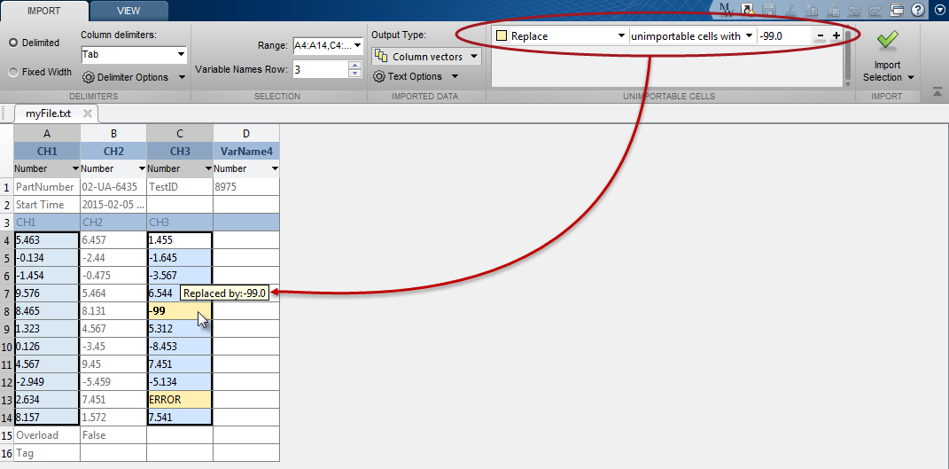 Preview of text data import in the Import Tool. Unimportable cells are highlighted in yellow and are replaced with the value -99.0.