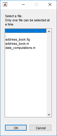 List selection dialog box. The text above the list says: "Select a file. Only one file can be selected at a time." The list contains multiple file names. Below the list are two buttons labeled "OK" and "Cancel".