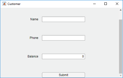 UI figure window with a form to fill out a customer record. The window is scrolled to the bottom.