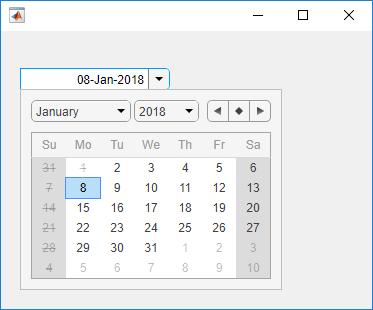 Date picker in a UI figure window. The date picker is expanded and displays dates in January 2018. January 1st and days that fall on Sunday are dimmed and crossed out.