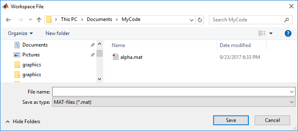 File selection dialog box. The save as type drop-down list option is "MAT-files (*.mat)"