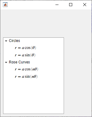 Tree UI component with top-level nodes with text "Circles" and "Rose Curves". Each top-level node has two child nodes whose text is a formatted polar equation.