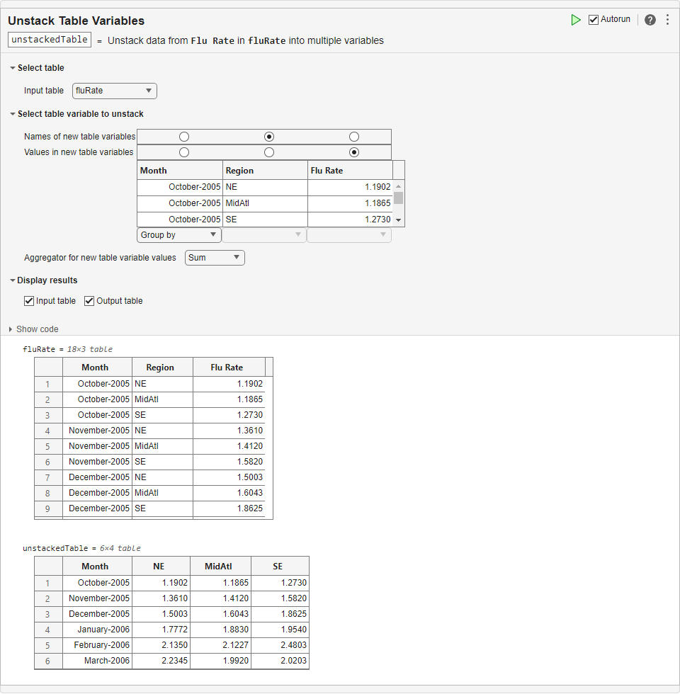 Unstack Table Variables task in Live Editor