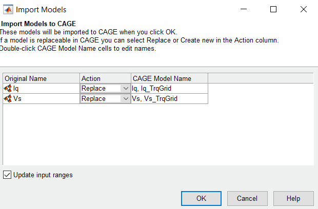 Replace models from CAGE Import Models dialog box.