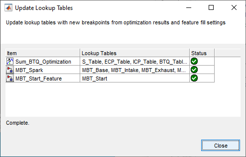 Update Lookup Tables dialog showing three items with associated tables and green check marks indicating completion, plus a Close button.