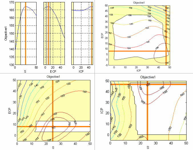 Grid of plots with a Constraint Slice graph on the top left for S, ECP, and ICP. Objective Contour plot on the top right for ICP and bottom left for S and bottom right for S zoomed in.
