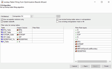 Wizard window for configuring lookup table fill algorithm, showing fill method options, filter rules for tables, and filter rule inputs.