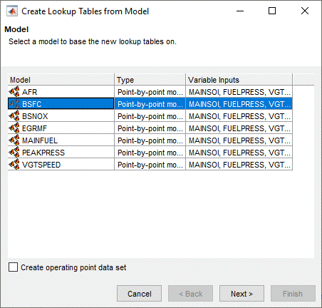 Create lookup tables from model dialog box.