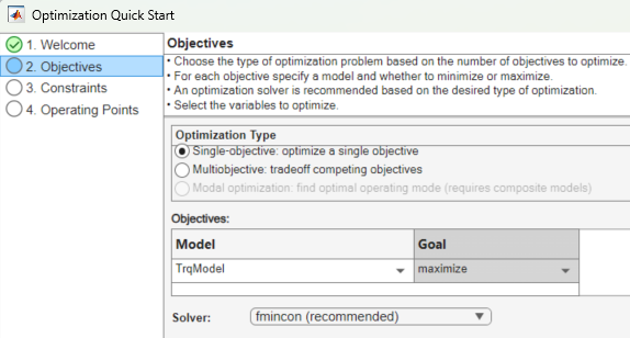 Optimization Quick Start dialog box with TrqModel model selected on the Objectives page.