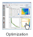 Optimization window showing tables, contour plot, and performance graph with a hand cursor selecting a point.