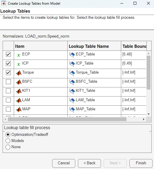 Create Lookup Tables from Model dialog box displaying the Lookup Tables page.