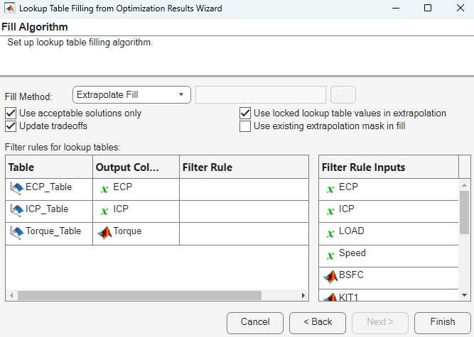 Lookup Table Filling from Optimization Results Wizard dialog box displaying the Fill Algorithm.