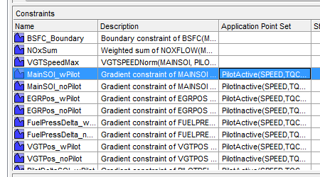 Constraint table with name, description and application point set. MainSOI_wPilot selected