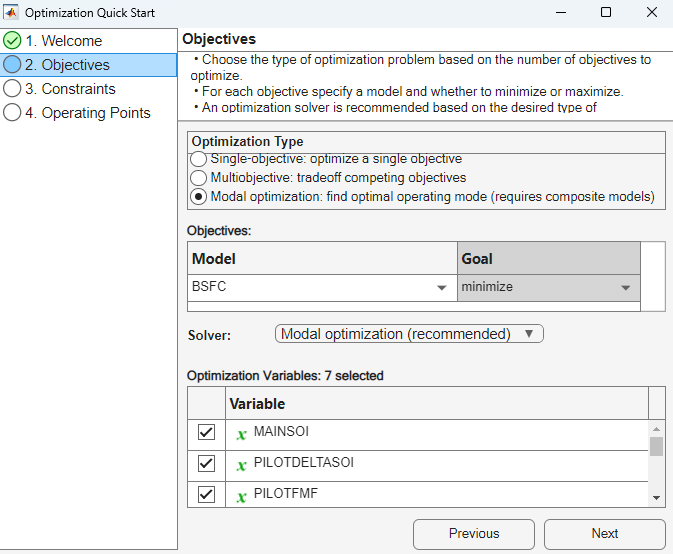 Optimization Quick Start dialog box displaying the Objectives page with BSFC selected as the model to minimize.
