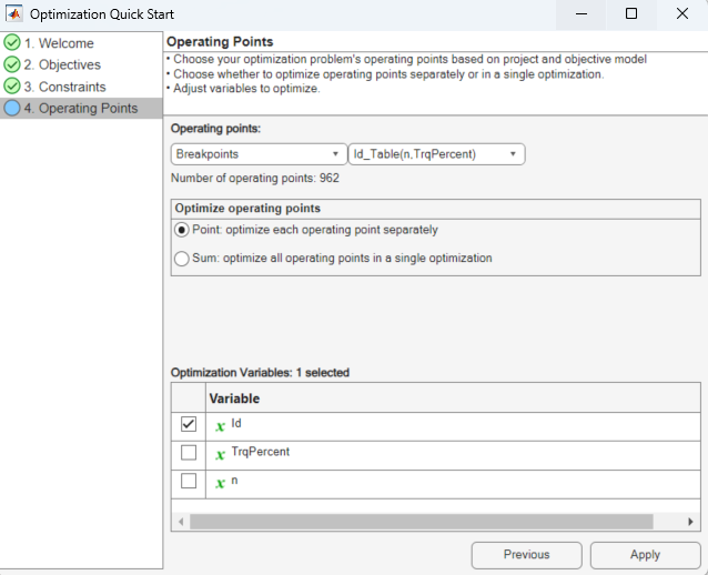 Create optimization from model dialog with operating points defined on the operating points tab.