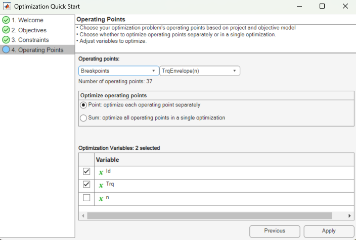 Create optimization from model dialog with operating points defined on the operating points tab.