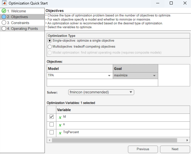 Create optimization from model wizard