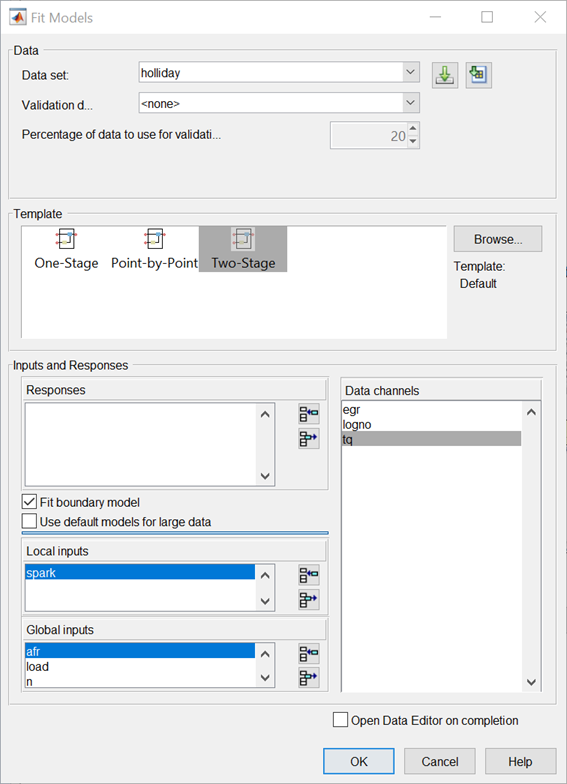 Fit Models dialog showing options to configure data set, validation, and percentage for validation. Template section displays One-Stage, Point-by-Point, and Two-Stage with Two-Stage selected. Inputs and Responses section lists Responses, Local inputs spark, and Global inputs afr, load, n. Data channels panel includes egr, logno, and tq. Buttons for OK, Cancel, and Help at the bottom.