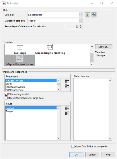 Fit Models dialog showing data set SIEngineData, validation options, and percentage for validation. Template section displays Two-Stage, MappedEngine-Nonfiring, and MappedEngine-Torque with the last option highlighted. Inputs and Responses section lists responses AirMassFlwRate, BSFC, CO2MassFlwRate and inputs EngSpd, Torque. Data channels panel is empty.