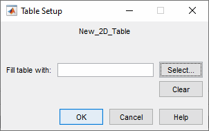 Table Setup dialog showing table name ‘New_2D_Table’ and a field to fill the table with a selected item, with Select, Clear, OK, Cancel, and Help buttons.