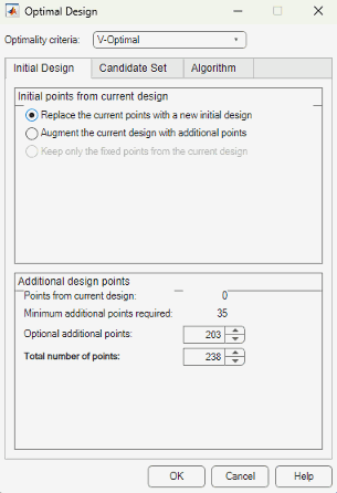Optimal Design dialog box with V-Optimal selected as the Optimality criteria and the Initial Design tab selected.