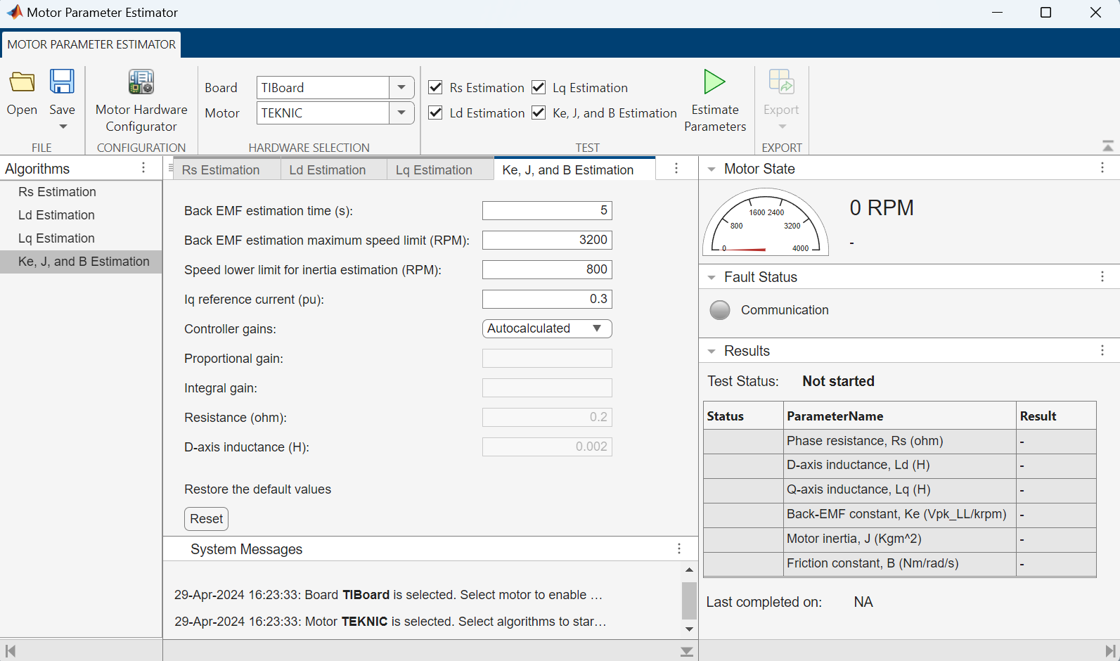 View of the Motor Parameter Estimator app. The app toolstrip is at the top. The Algorithms panel is on the left. The documents section (displaying the algorithm details) is in the middle. The Motor State, Fault Status, and Results panel is on the right.