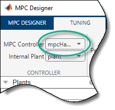 Top right part of the MPC Designer window, showing that the current MPC controller is "mpcHard".