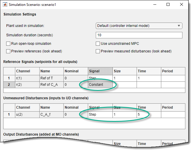 Upper section of the Simulation Scenario dialog box, showing the specified step perturbations.