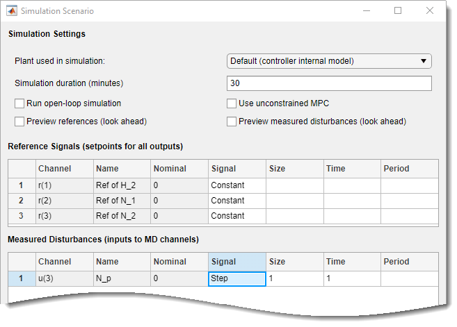 Upper section of the Simulation Scenario dialog box.